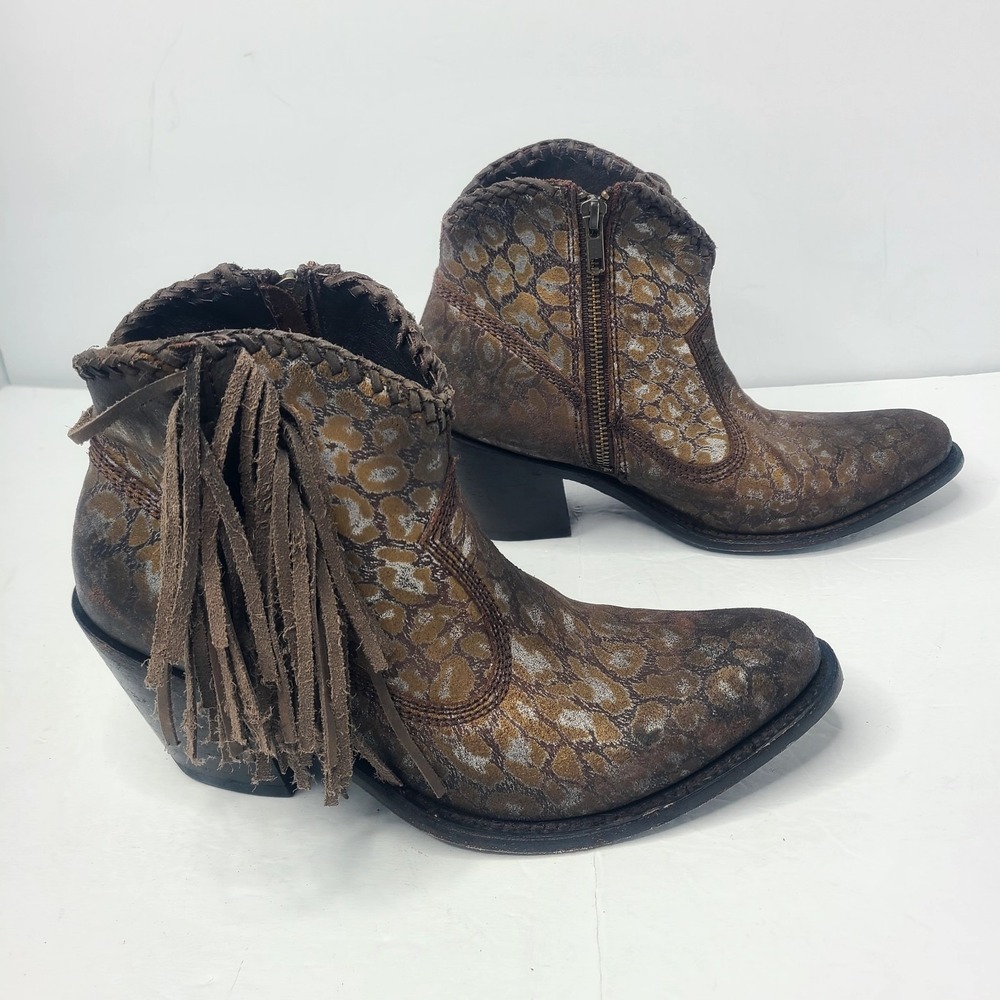 Liberty Black Chloe Leopard Print Braided Fringe Western Booties Snip Toe - Picture 2 of 8